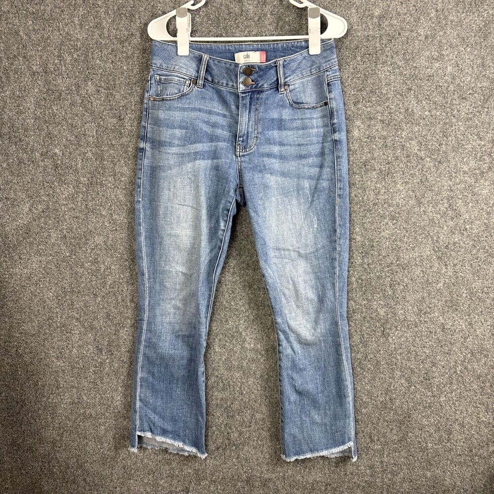 CAbi 6070 High Low Crop Jeans Womens Size 8 Blue Raw Hem